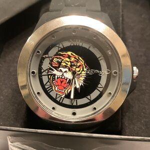 Ed Hardy Black/Silver Quartz Tiger Watch NEW Waterproof (30 meters) Measures sec